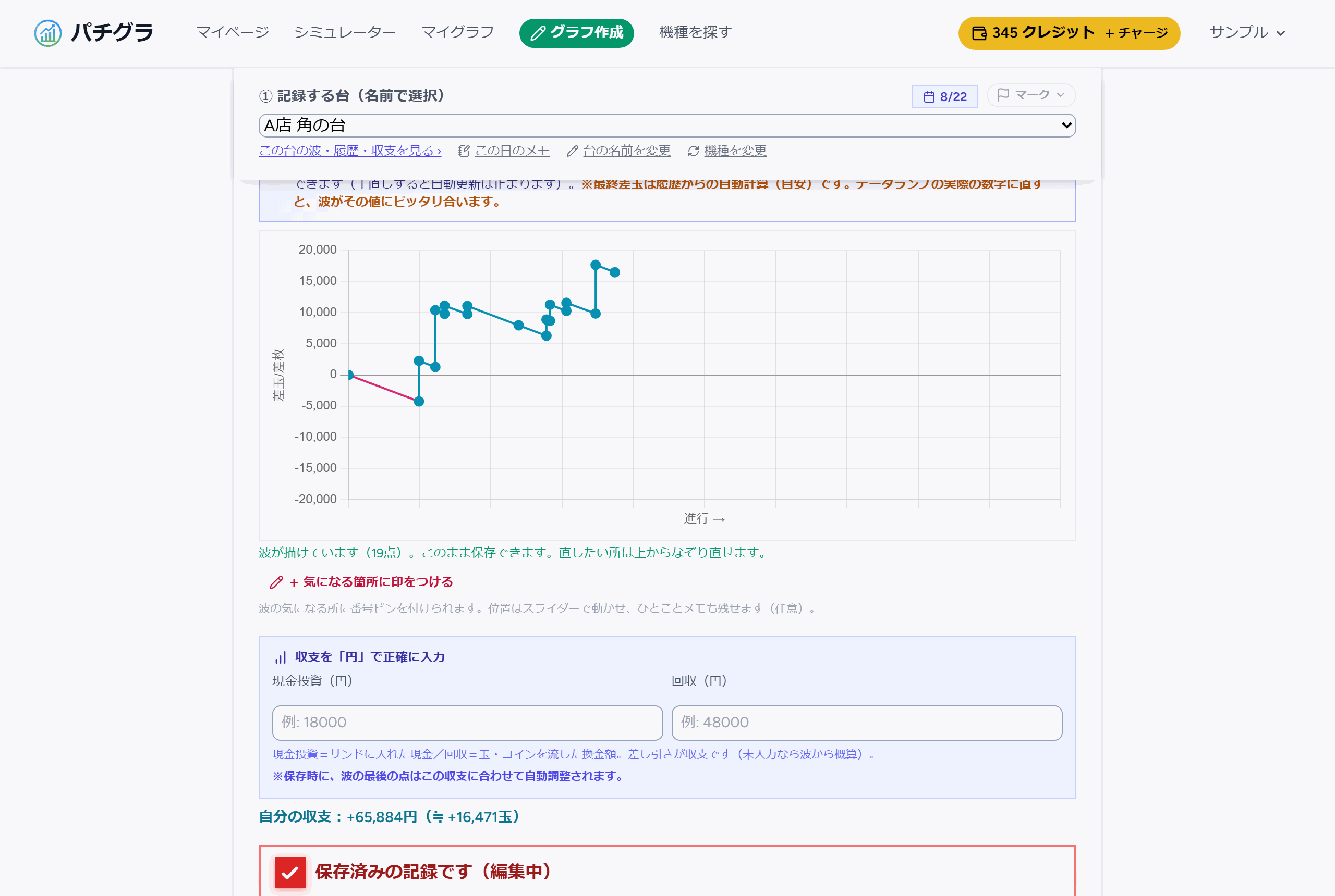 スランプグラフの自動生成画面：入力した大当り履歴から波が描かれている